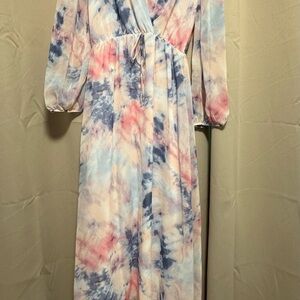 Pink and Blue V-Neck Maxi Gown with Bishop Sleeves